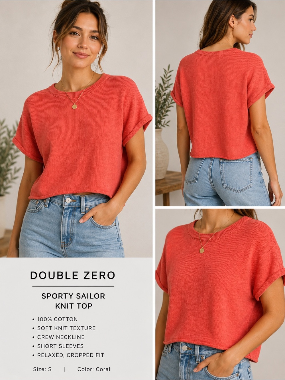 Double Zero Coral Boxy Short Sleeve Knit Top 100% cotton, size small